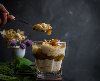 Creamy coconut rice pudding with rhubarb compote