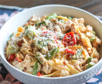 Roasted Vegetable and Chicken Pasta with a Garlic Goat Cheese Sauce
