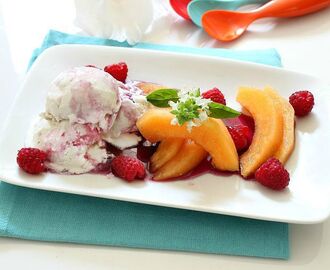 Cantaloupe and Raspberries with Blueberry Syrup and Ice Cream