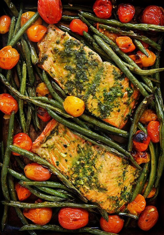 Herb Butter Salmon with Blistered Tomatoes and Green Beans