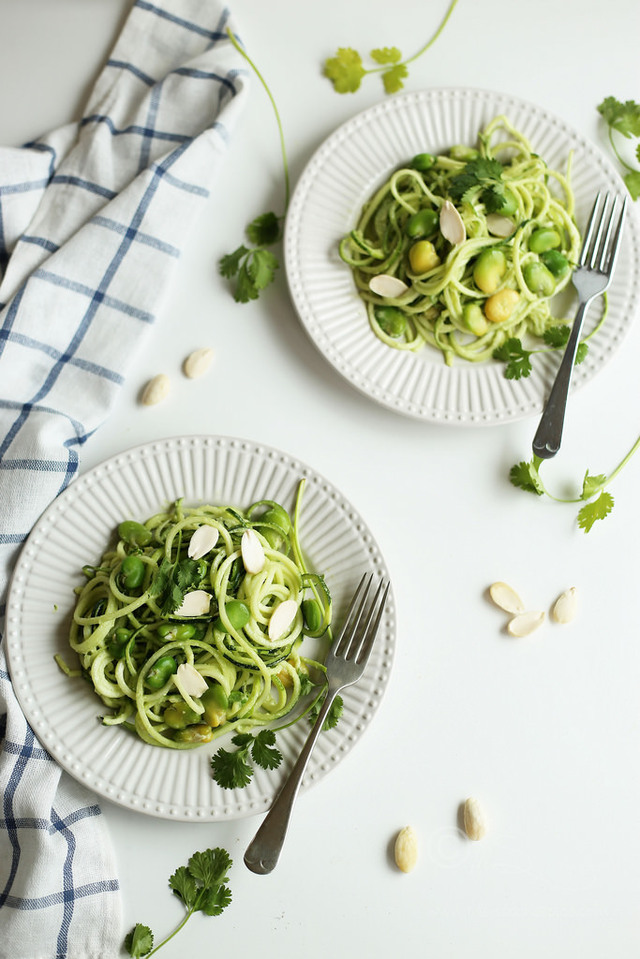 Vegan Zoodles Recipe | Zucchini/Courgette Noodles with Almond, Cashew and Cilantro Pesto Recipe with OXO Good Grip Spiralizer Product Review and A Giveaway
