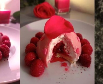 Dessert St Valentin : Dôme chocolat blanc, crème litchi et coeur framboise