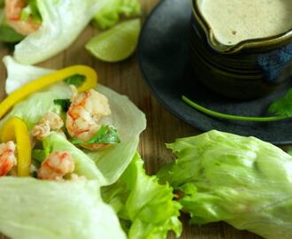 Shrimp and Avocado Lettuce Wraps with Almond Satay Sauce