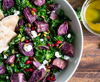 Warm Kale and Purple Sweet Potato Salad with Maple Cider Dressing and Cinnamon Pita Chips