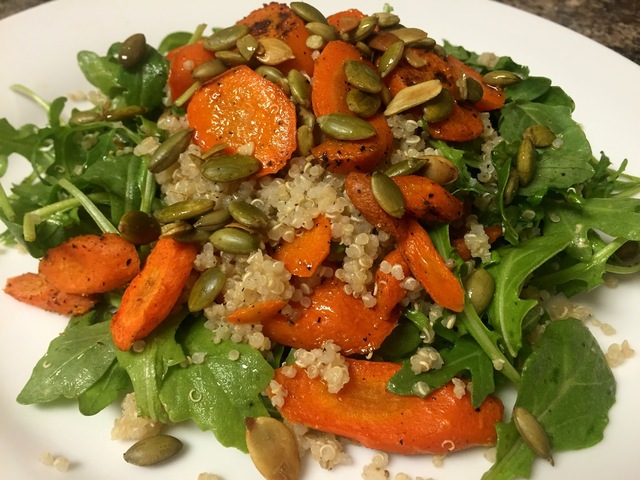 Spice Roasted Carrot Salad with Arugula, Quinoa, Pumpkin Seeds, and Lime Vinaigrette