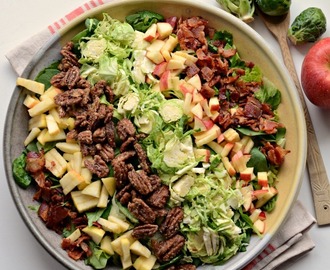 Fall Salad with Maple Candied Pecans, Bacon, Apples, and Shaved Brussels Sprouts