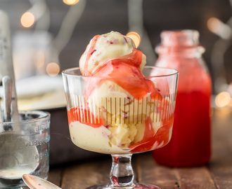 Spiked Peppermint Eggnog Ice Cream with Candy Cane Syrup