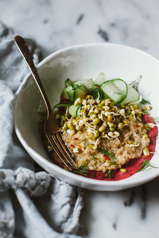SPROUTED MUNG BOWL WITH COCONUT QUINOA & BEET TAHINI