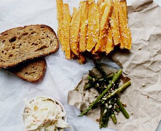 2 Veg Side Dishes: Sweet Potato Fries with Sesame Seeds, and Grilled Garlic Asparagus