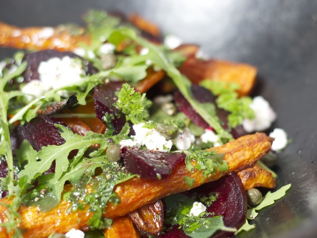 roasted carrot and beetroot salad with herb dressing