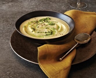 Creamy Pear and Celery Root Soup with Pesto Swirl