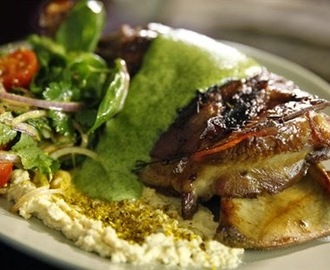 Slow Cooked Goat Shoulder with Hummus, Mint Salsa and Salad of Chickpeas and Tomatoes Recipe