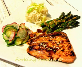 Teriyaki Salmon Meal - with Sesame-Miso Asparagus, Cucumber-Radish Pickles and Rice / Cauliflower Rice