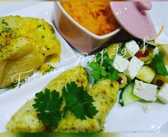 Creamy fish with creamy butternut, baked potato and salad