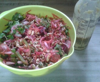 Salad of Sprouted Fennel Seeds, Fenugreek Seeds, Moong and Veggies with Chilli Spiked Dressing