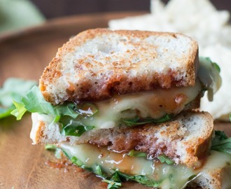 Pepper Jack Grilled Cheese with Strawberry Hot Sauce and Arugula