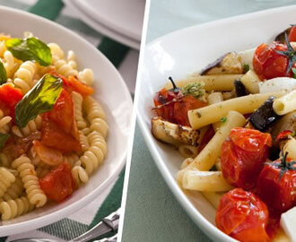 Salada italiana de macarrão com tomates e manjericão