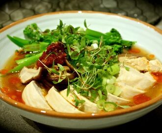 Miso & Ginger Soba Noodle Soup with Poached Chicken, Shiitake & Broccolini