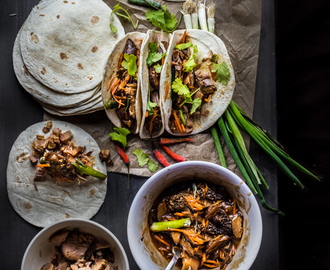 Slow-cooked miso pulled pork and mushroom medleys taco