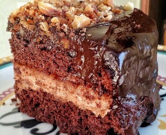 Receita saudável e funcional de bolo de chocolate recheado com amendoim e cobertura de chocolate