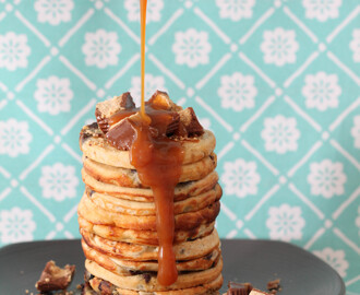 Chocolate chips, peanut butter & banana pancakes with salted caramel sauce