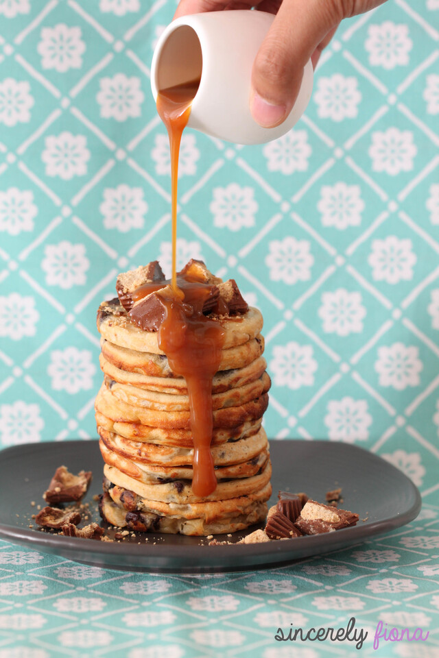 Chocolate chips, peanut butter & banana pancakes with salted caramel sauce