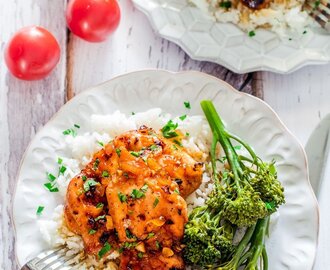 Spicy Honey Garlic Chicken Thighs with Rice and Broccolini
