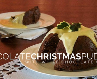 chocolate Christmas pudding with white chocolate custard