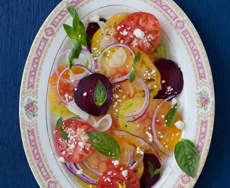 Heirloom Tomato Beets Salad with Basil, Red Onion & Feta Cheese