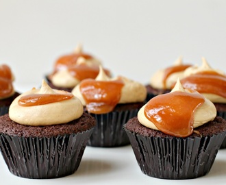Chocolate Bourbon Cupcakes with Peanut Butter Frosting and Bourbon Caramel Sauce
