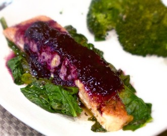 One Skillet Salmon & Spinach with Blueberry Balsamic Topping #CIC