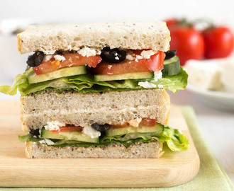 Greek salad sandwich with black olive hummus