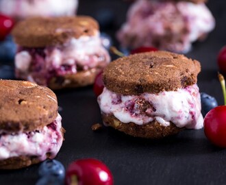 Dark chocolate, berry & nougat ice cream cookie sandwiches