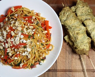 Chicken Satay Skewers with Crunchy Noodle Salad