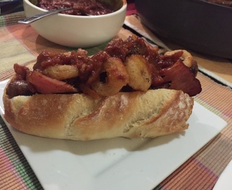 Smoky Bacon Hot Dogs with bourbon BBQ sauce & Onion Rings