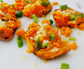 Smashed Sweet Potato with Garlic Olive Oil and Spring Onion