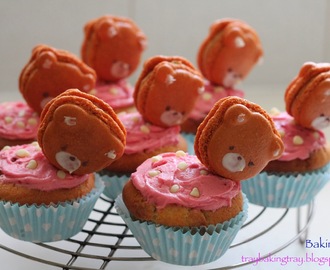 Birthday Bake: Teddiron topped Raspberry and White choc cupcakes!