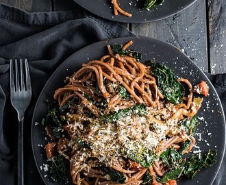 Drunken Red Wine Spaghetti with Spicy Chorizo and Black Kale