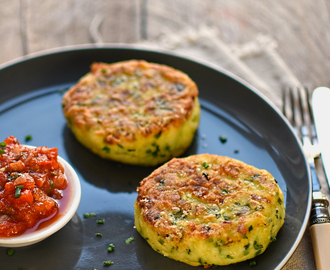 leek, potato and chive cakes with shallot and tomato sauce