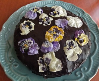Matcha Cake With Chocolate Frosting & Candied Pansies