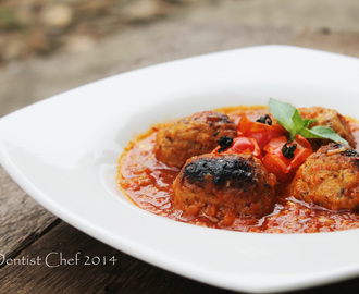 Baked Salmon Meatball with Cheese Stuffing Italian Spicy Tomato Basil Sauce, Ultimate Uncle Dentist Chef Recipe