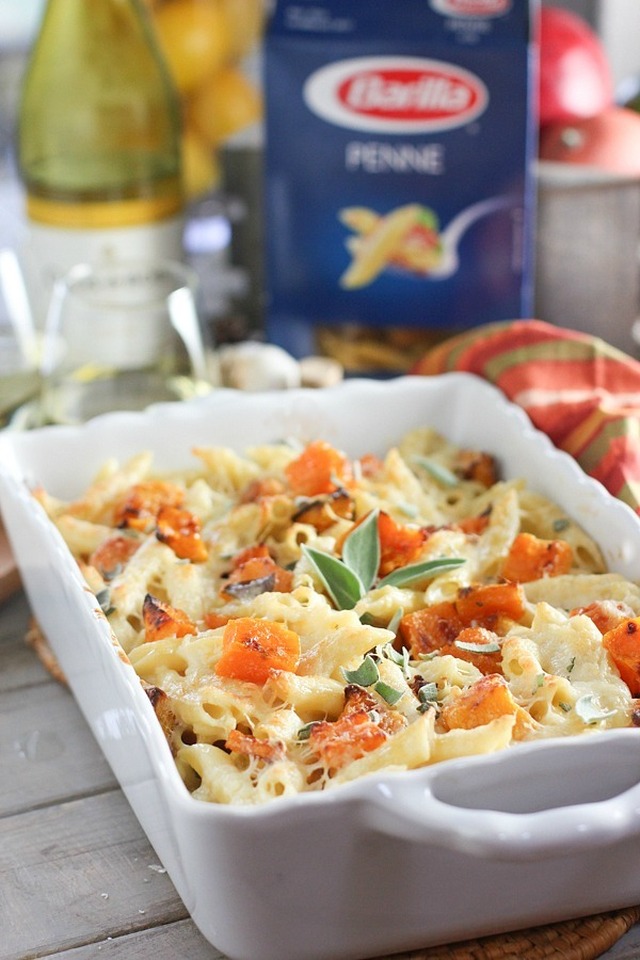 Roasted Butternut Squash with Penne and Garlic Cream Sauce