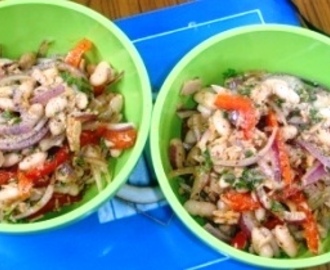 Tuna and Bean Salad: Prawn Pikelets, Prawn and Hot Sausage Risotto