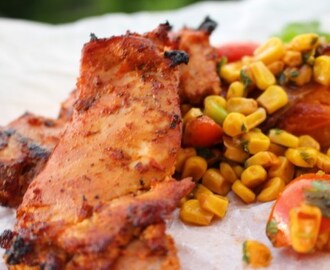 Power Meet inspired grilled chicken with roasted sweet potatoes and a lovely cornsalsa