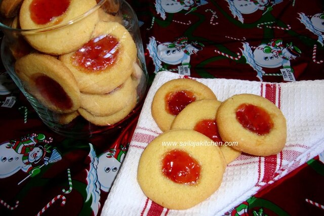 Eggless Jam Biscuits / Jam Biscuits / Jam-Filled Thumbprint Cookies / Eggless Custard Thumbprint Jam Cookies