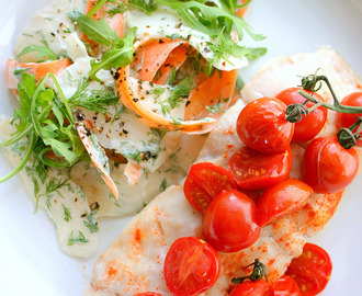 Dietetyczna ryba pieczona z pomidorkami, z surówką z selera i marchewki