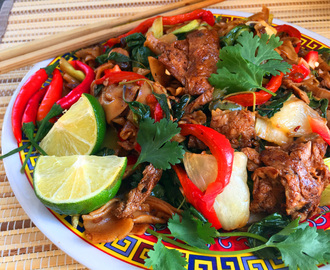 Vegan Thai Pad Gra Prow – Spicy Beef & Basil – with Wide Rice Noodles & Bok Choy