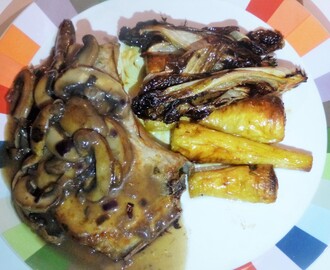 Pork Chops with Honey Roasted Parsnips and Endives with a Mushroom Sauce Recipe