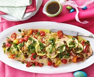 Baked tomato and leek salmon with caper sauce