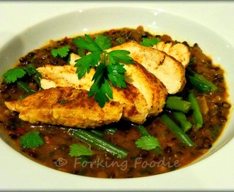 Harissa Chicken with Spiced Puy Lentil and Tomato Stew and Steamed Green Beans - All-in-one (universal) Thermomix Meal
